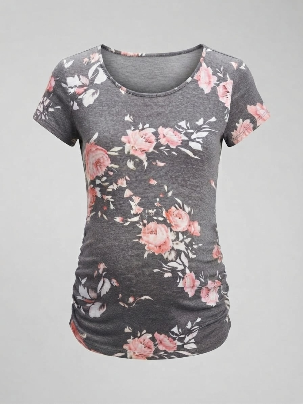 Floral Scoop Neck Maternity Top in Charcoal and Pink